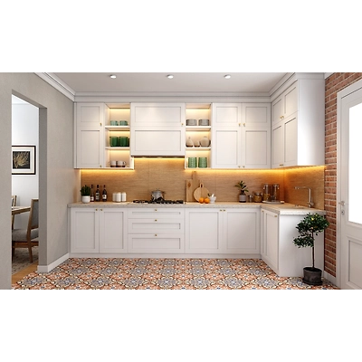 A Modern Kitchen In White And Morrocan Floor Tiles-1