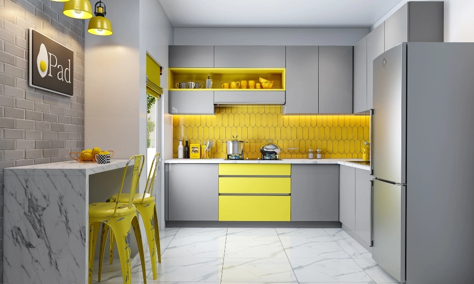 An L Shaped Modular Kitchen With A Breakfast Counter-DC348