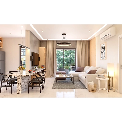 A Modern Living Room With TV Unit With And Attached Dining Table-1