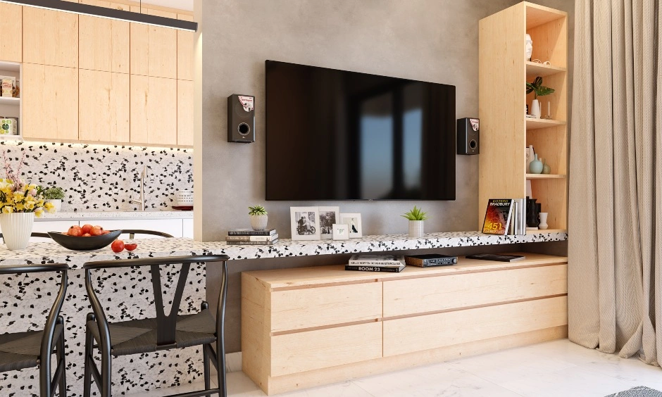 A Modern Living Room With TV Unit With And Attached Dining Table-5