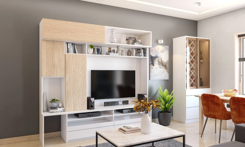 A Multifunctional Living Room With A TV And Study Unit-2