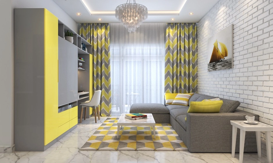 A Living Room Design With A Modular TV Unit In Yellow And Grey-DC357