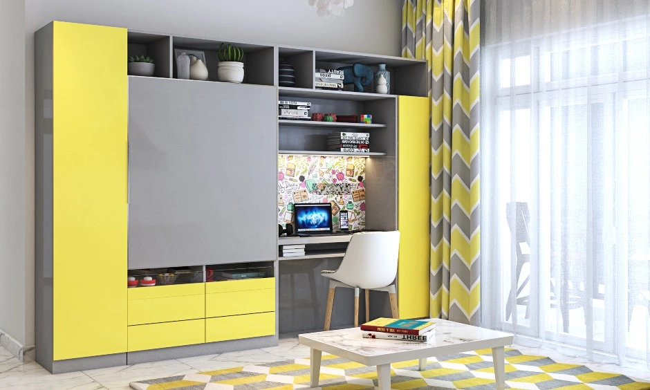 A Living Room Design With A Modular TV Unit In Yellow And Grey-2