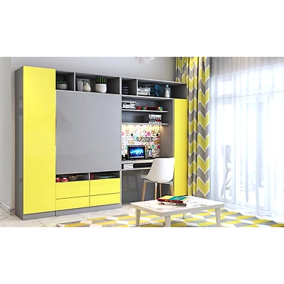 A Living Room Design With A Modular TV Unit In Yellow And Grey-3