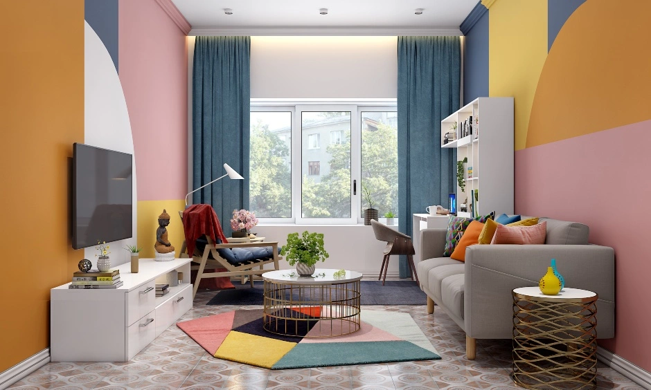 A Stylish Living Room Cum Study Designed In Vibrant Colour Palette-DC361