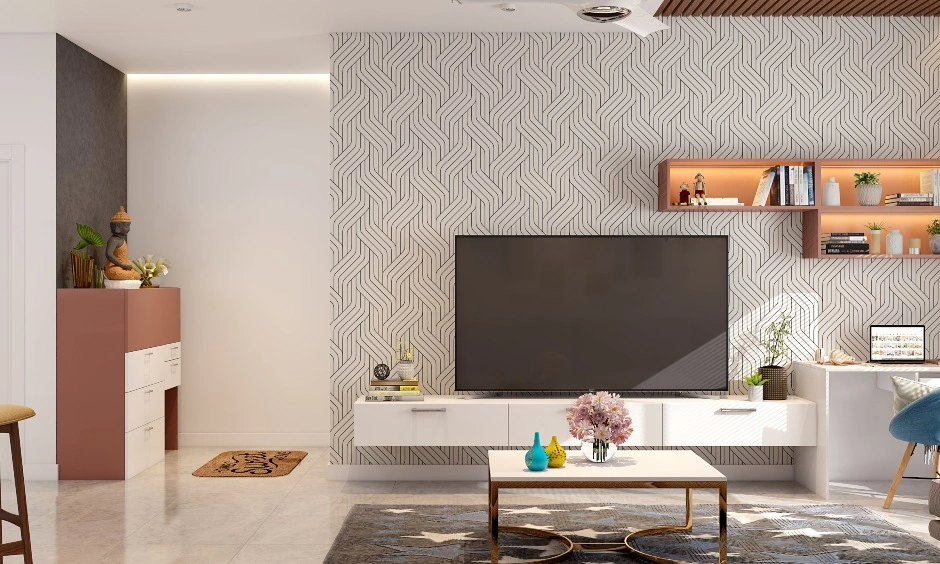 A Modern Living Room With A Wooden False Ceiling-DC363