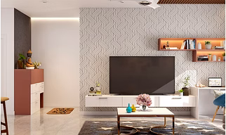 A Modern Living Room With A Wooden False Ceiling