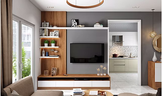 A Scandinavian Living Room In Natural Wood And Grey