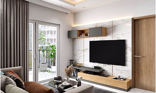 A Cosy Living Room With A Marble Panel TV Unit