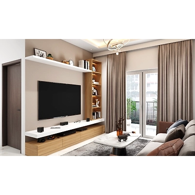 A Small And Compact Living Room With Warm Muted Tones