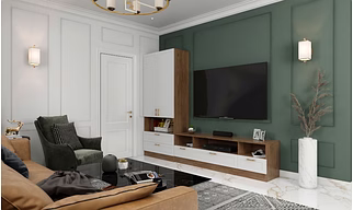 A Living Room With A TV Unit And Tall Storage Unit