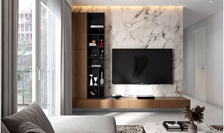 A Scandinavian Living Room With A TV Unit Cum Shelving Unit