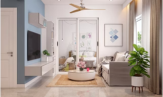 An All White Modern Living Room With A TV Unit Cum Bookshelf