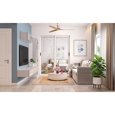 An All White Modern Living Room With A TV Unit Cum Bookshelf-1