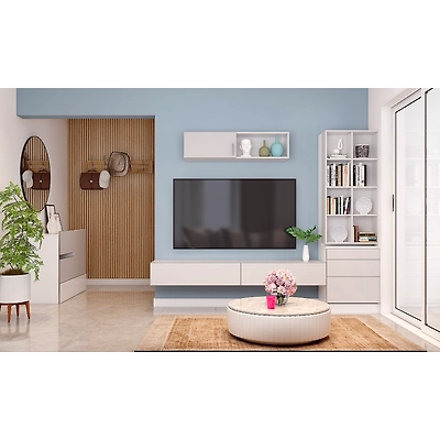 An All White Modern Living Room With A TV Unit Cum Bookshelf-2