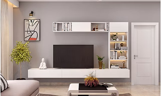 A Modern Living Room With A Multifunctional TV Unit