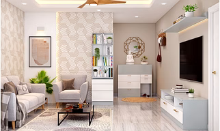 A Modern Minimalist Living Room With TV Unit And Bookshelf