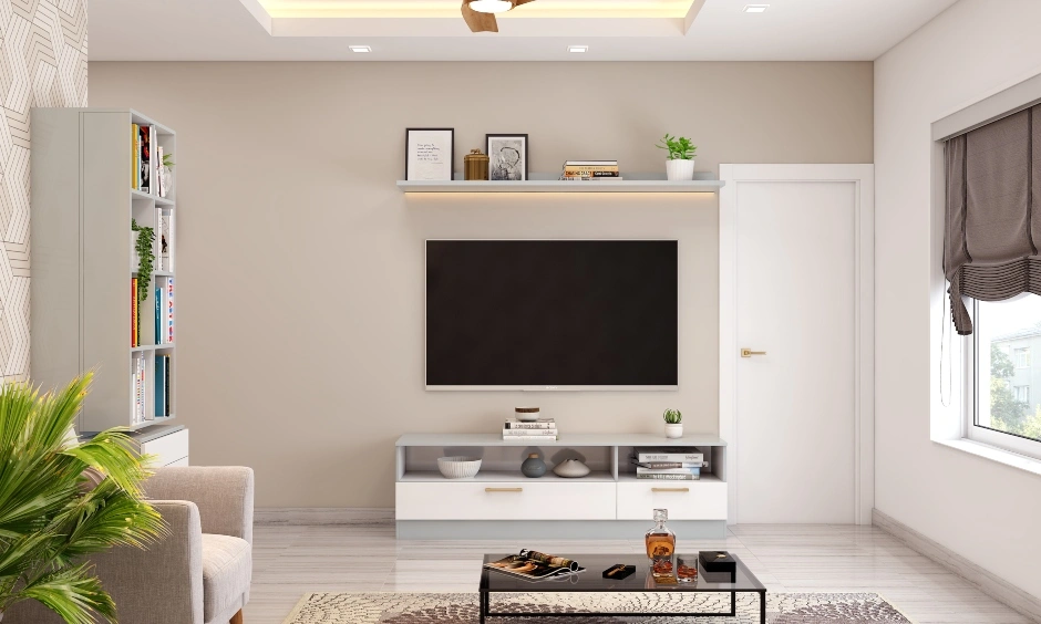 A Modern Minimalist Living Room With TV Unit And Bookshelf-2