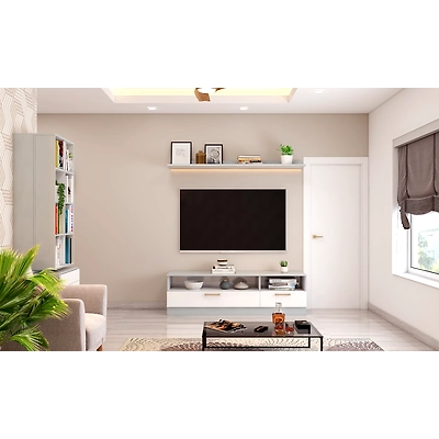 A Modern Minimalist Living Room With TV Unit And Bookshelf-2