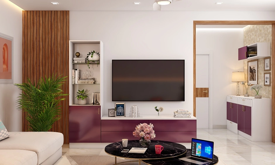 A Modern Living Room With a TV Unit With An Attached Display Shelf-1