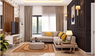 A Stylish Living Room Designed With A Dark Wainscoting Wall