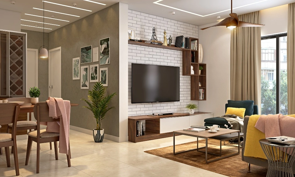 A Living Room With A Brick Wall And False Ceiling-DC386