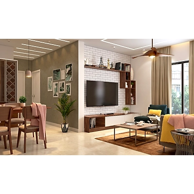A Living Room With A Brick Wall And False Ceiling-1