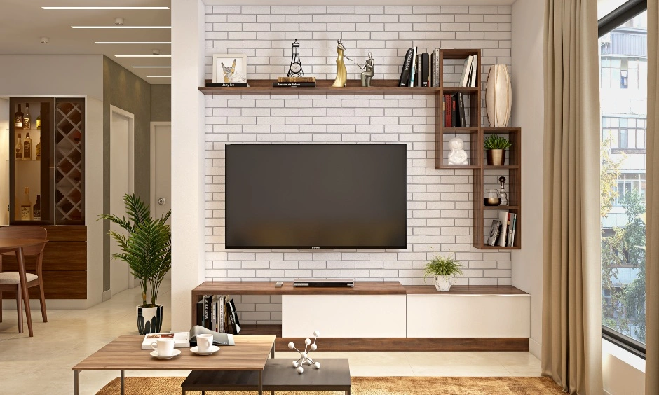 A Living Room With A Brick Wall And False Ceiling-2