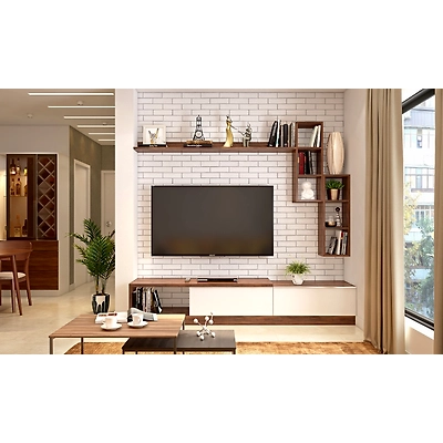 A Living Room With A Brick Wall And False Ceiling-3