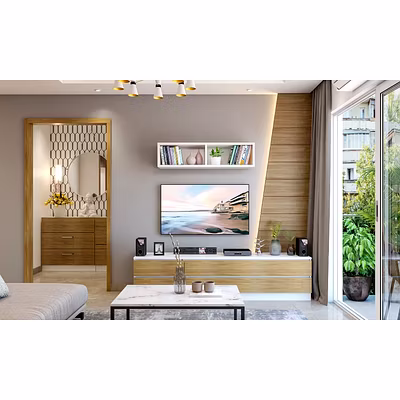 A Plush Living Room With A Wooden Partition-DC387