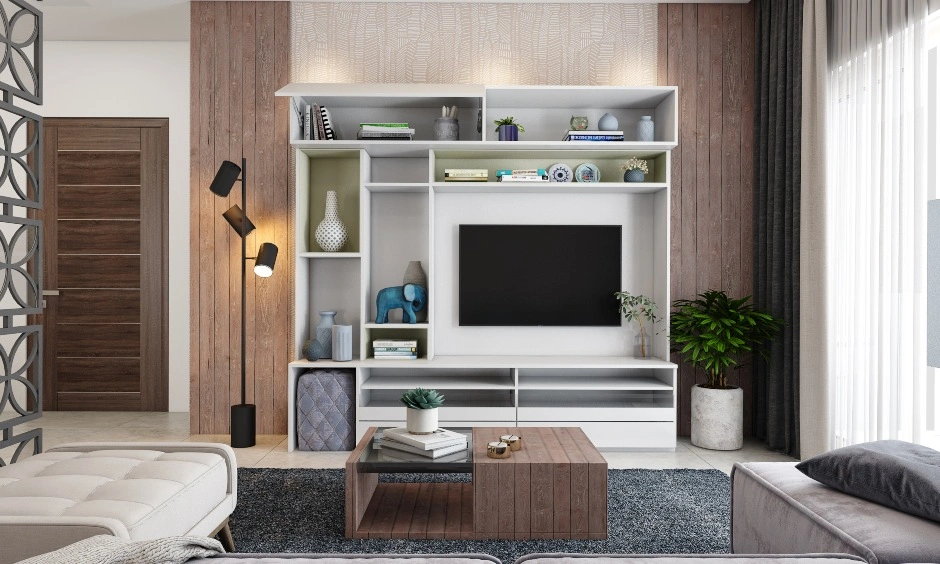 A Living Room With A Multipurpose White Laminate TV Unit-DC389