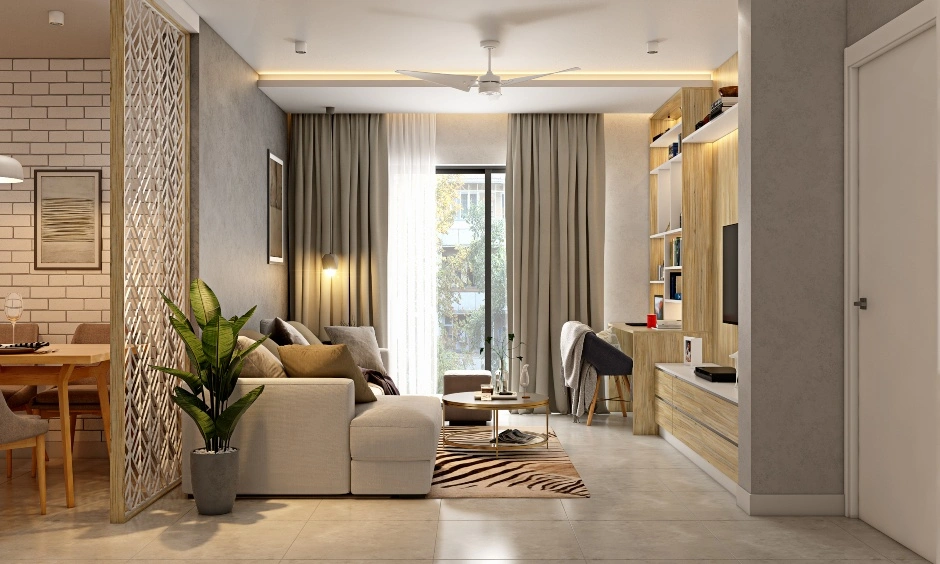 An Elegant Living Room In A Neutral Colour Scheme With A Partition-1