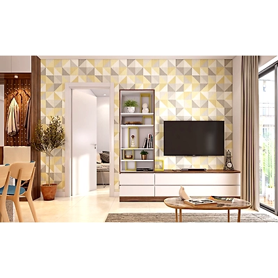 A Peppy Living Room With A TV Unit And A Mix Of Textures