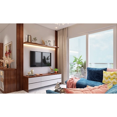 A Luxurious Living Room With A Modular TV Unit And Storage-3