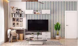 A Neutral Toned Living Room With TV Cum Study Unit