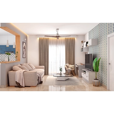 A Neutral Toned Living Room With TV Cum Study Unit-2