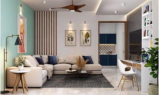A Grand Living Room With A TV Unit And Attached Study
