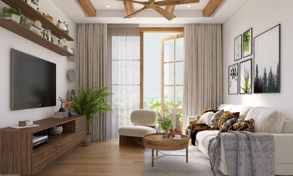 A Neutral Toned Living Room With Wooden Furnishing-DC406