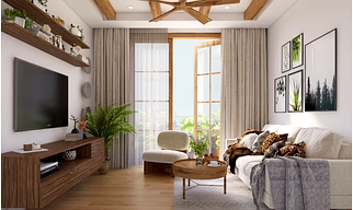 A Neutral Toned Living Room With Wooden Furnishing