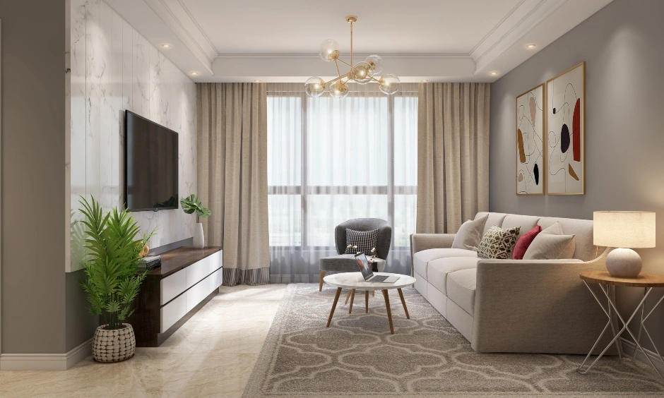 A Neutral Toned Living Room With A Minimalist Style TV Unit-3