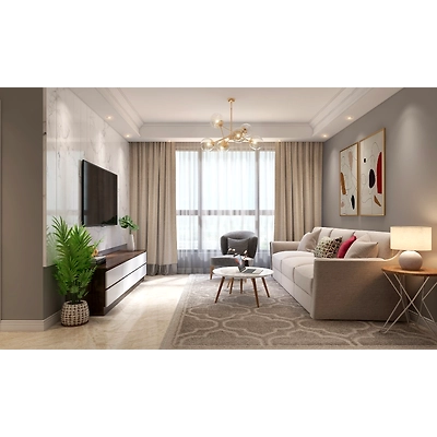 A Neutral Toned Living Room With A Minimalist Style TV Unit-2