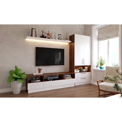 An Elegant Living Room With A Modular TV Unit And Storage Cabinet