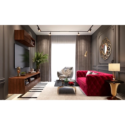 A Dark Themed Living Room With Wall Moulding-3