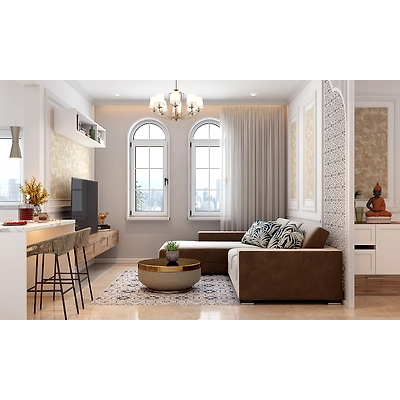 An Opulent Living Room in Gold Accents With An Open Kitchen Cum Breakfast Counter-DC415