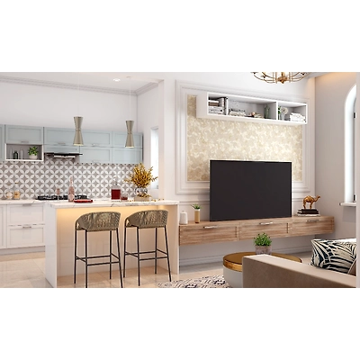 An Opulent Living Room in Gold Accents With An Open Kitchen Cum Breakfast Counter-2