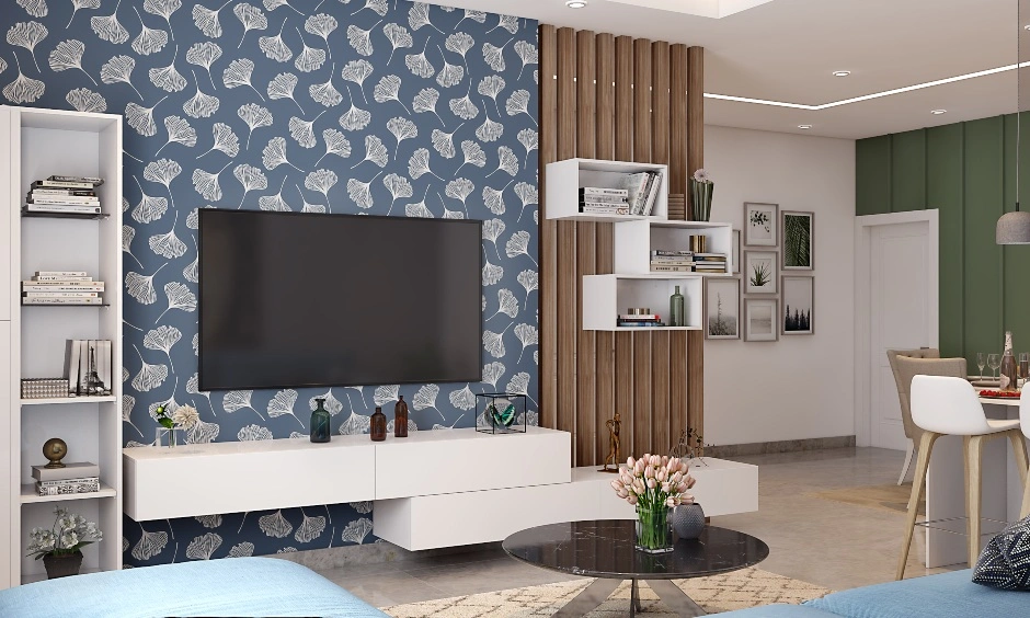 An Elegant Living Room With TV Unit And Smart Storage Shelves-DC417