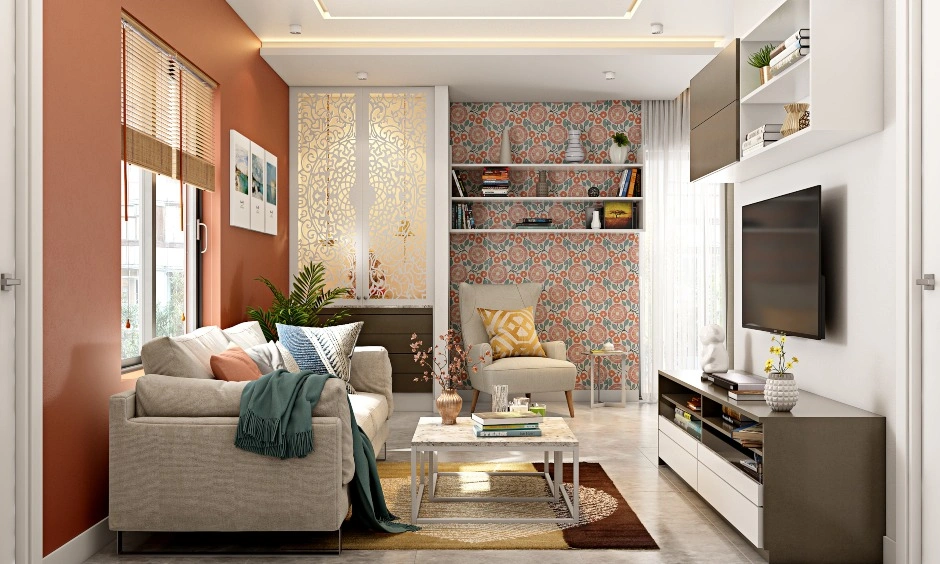 A Cheerful Looking Living Room In Warm Tones-1