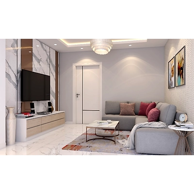 An Neutral Toned Living Room With A Marble Panelled Wall And A Partition-1