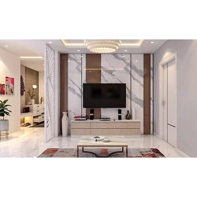 An Neutral Toned Living Room With A Marble Panelled Wall And A Partition-2