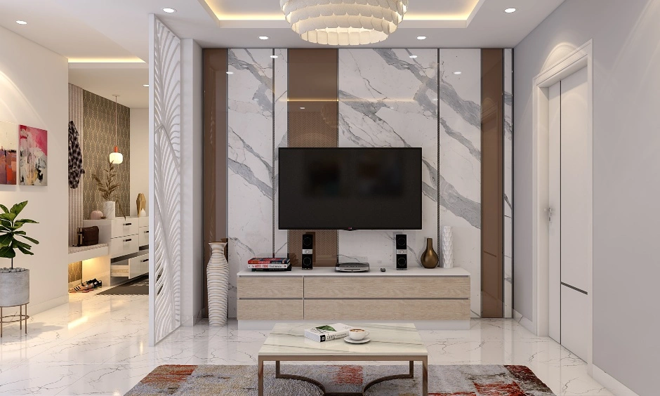 An Neutral Toned Living Room With A Marble Panelled Wall And A Partition-3